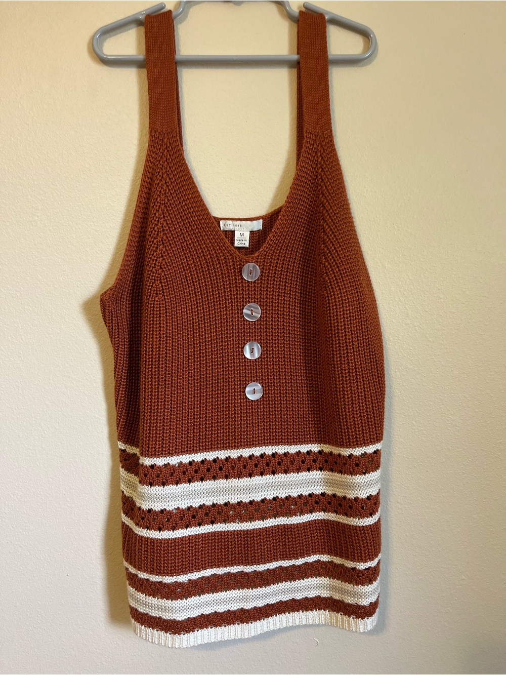 Rust Knit Button-Front Sweater Tank Top with Cream Stripe Detail